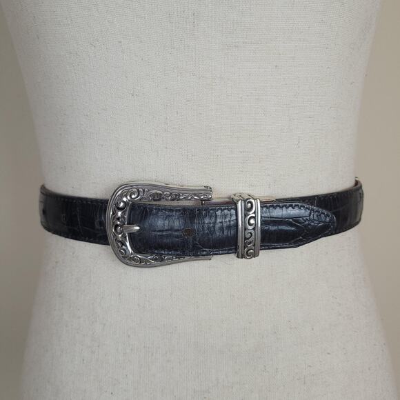 Red Black Leather Belt Medium Reversible Western Scroll Buckle Croc Embossed main image 10